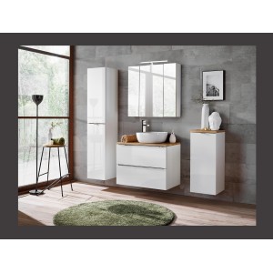 Colonne salle de bain NALYA 170 cm – Blanc brillant et chêne clair – Meuble suspendu