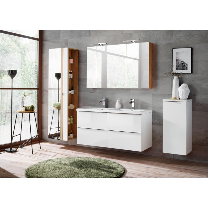 Colonne salle de bain NALYA 170 cm – Blanc brillant et chêne clair – Avec miroir