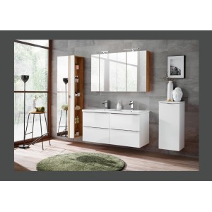 Colonne salle de bain NALYA 170 cm – Blanc brillant et chêne clair – Avec miroir