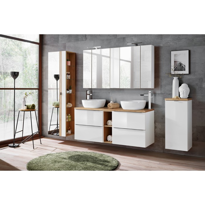 Accessoire mural NALYA 57 cm – Blanc brillant et chêne clair – Élément suspendu compact