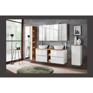 Accessoire mural NALYA 57 cm – Blanc brillant et chêne clair – Élément suspendu compact