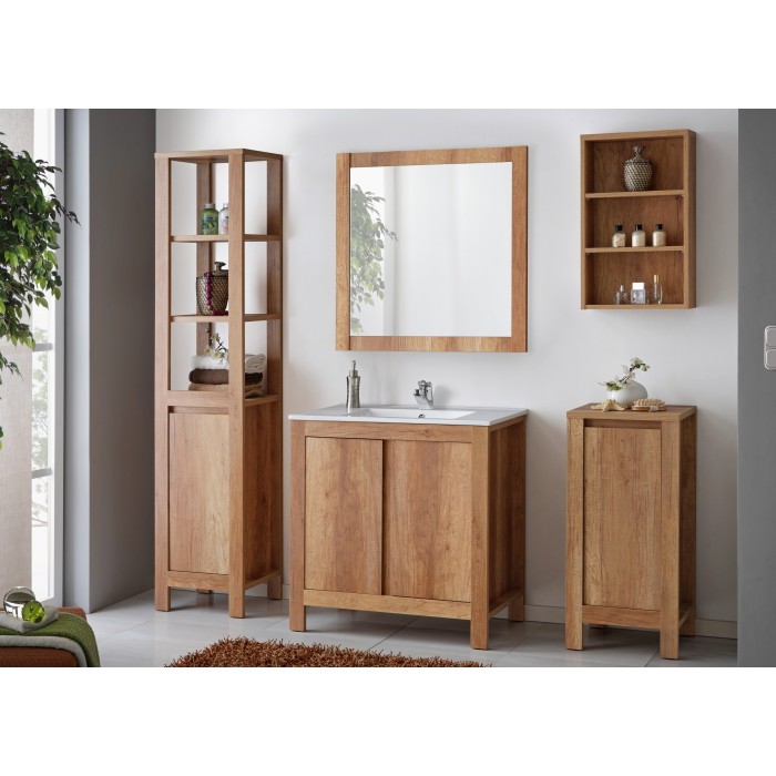 Meuble sous vasque KALUNA 80 cm – Coloris bois de noyer – Meuble suspendu rustique 