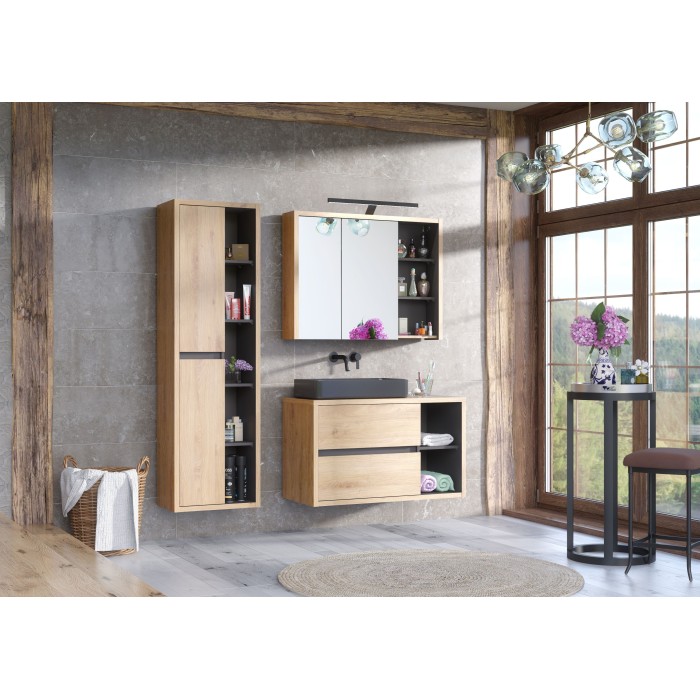 Meuble sous vasque MATT 100 cm – Chêne clair et gris anthracite – Design suspendu moderne 