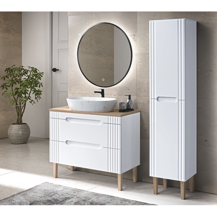 Meuble sous vasque FIDJI 120 cm – Blanc alpin brillant – 2 tiroirs – Fixation murale ou au sol 
