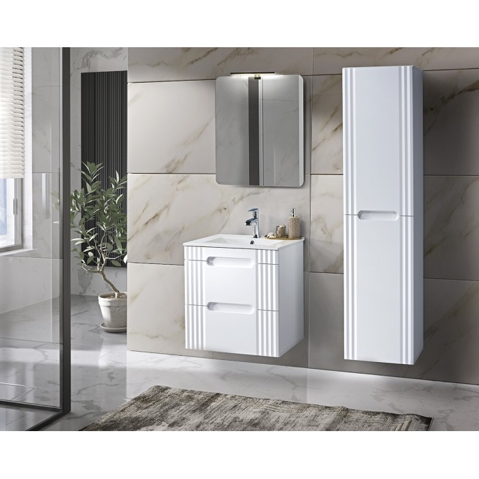 Meuble sous vasque FIDJI 60 cm – Blanc alpin brillant – 2 tiroirs – Fixation murale ou au sol 