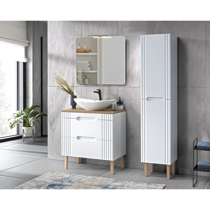 Meuble sous vasque FIDJI 80 cm – Blanc alpin brillant – 2 tiroirs – Fixation murale ou au sol 