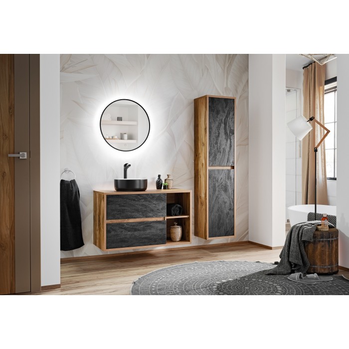 Colonne de salle de bain suspendue GABI 170 cm – Finition ardoise et chêne foncé – Style rustique 