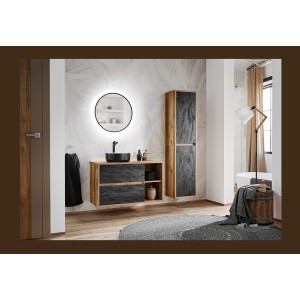 Colonne de salle de bain suspendue GABI 170 cm – Finition ardoise et chêne foncé – Style rustique 