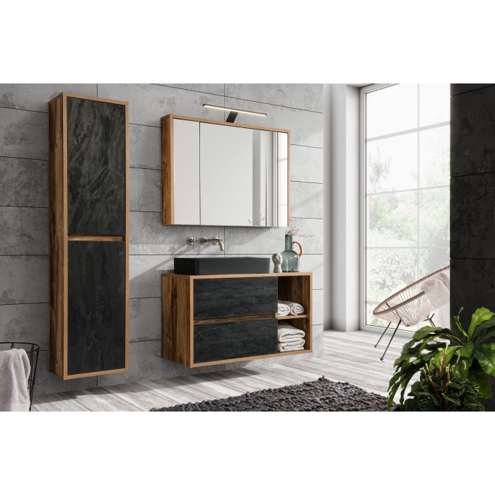 Meuble sous vasque suspendu GABI 100 cm – Finition ardoise et bois foncé – Style rustique 