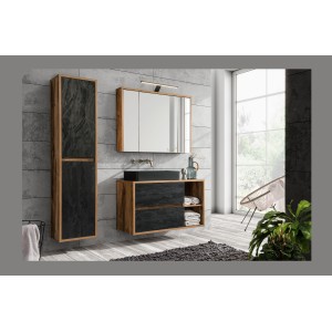 Meuble de rangement GABI 100 cm – 3 portes miroir – Finition ardoise et bois – À suspendre 