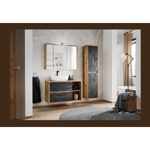 Meuble de rangement GABI 100 cm – 3 portes miroir – Finition ardoise et bois – À suspendre 