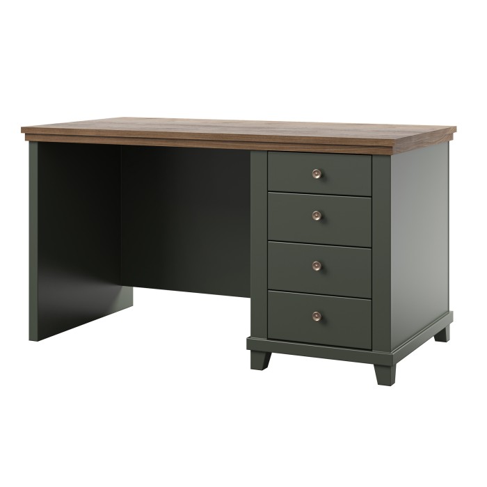 Bureau ASSIA 140 cm vert foncé et bois - 4 tiroirs avec poignées bouton - Élégance chic