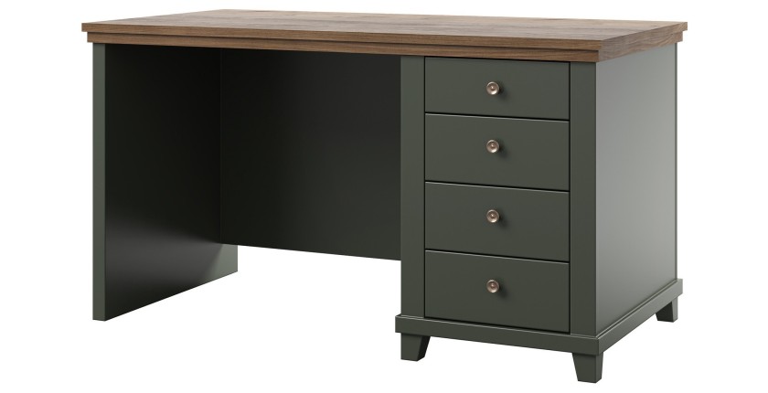 Bureau ASSIA 140 cm vert foncé et bois - 4 tiroirs avec poignées bouton - Élégance chic