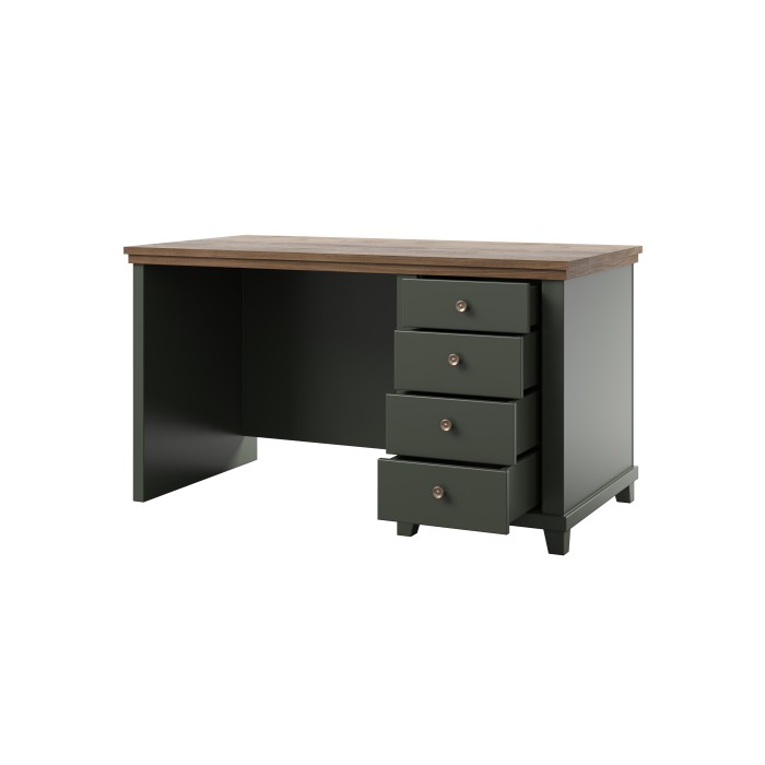 Bureau ASSIA 140 cm vert foncé et bois - 4 tiroirs avec poignées bouton - Élégance chic