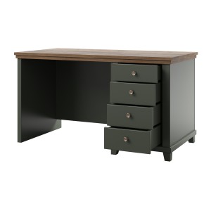 Bureau ASSIA 140 cm vert foncé et bois - 4 tiroirs avec poignées bouton - Élégance chic
