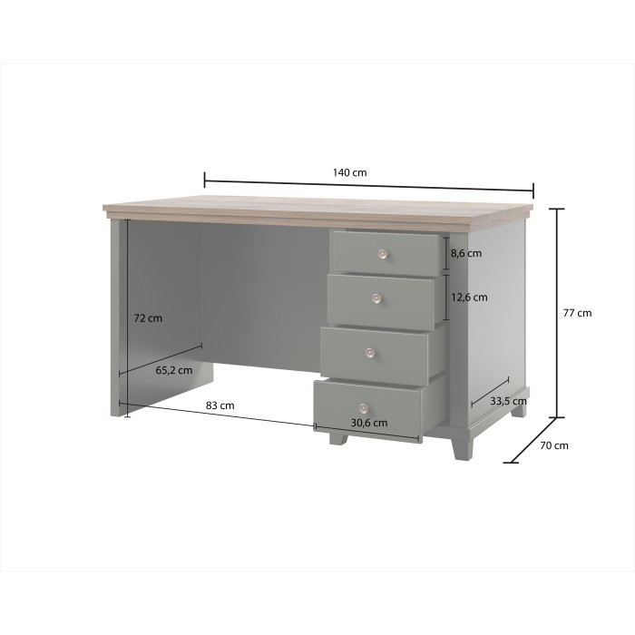 Bureau ASSIA 140 cm vert foncé et bois - 4 tiroirs avec poignées bouton - Élégance chic