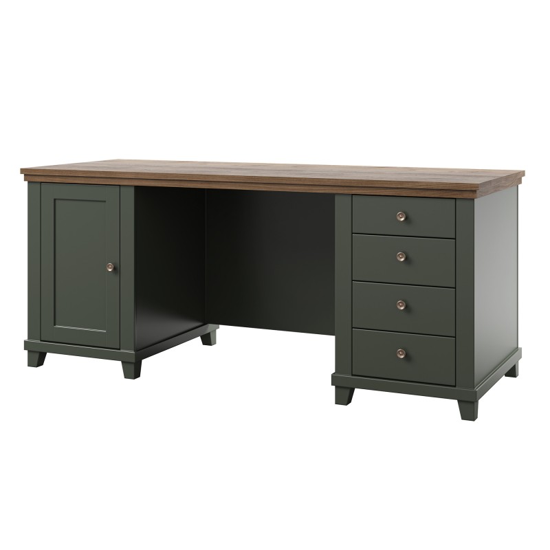 Bureau ASSIA 180 cm vert foncé et bois - Tiroirs, niches et rangement - Élégance intemporelle