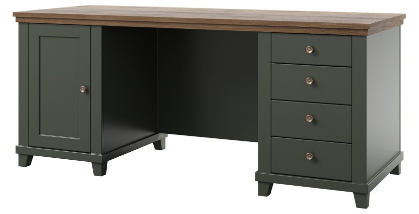 Bureau ASSIA 180 cm vert foncé et bois - Tiroirs, niches et rangement - Élégance intemporelle