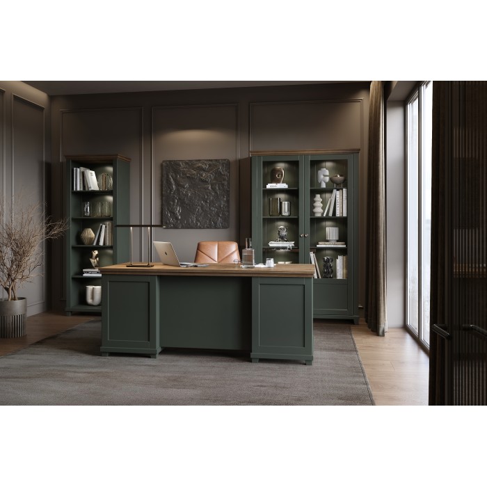 Bureau ASSIA 180 cm vert foncé et bois - Tiroirs, niches et rangement - Élégance intemporelle