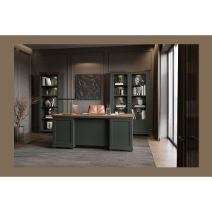 Bureau ASSIA 180 cm vert foncé et bois - Tiroirs, niches et rangement - Élégance intemporelle