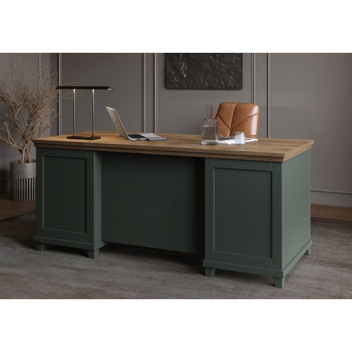 Bureau ASSIA 180 cm vert foncé et bois - Tiroirs, niches et rangement - Élégance intemporelle