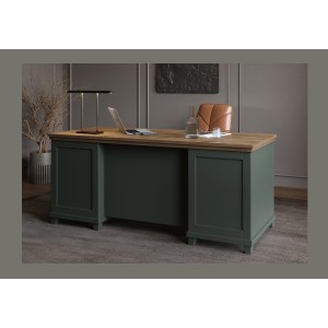 Bureau ASSIA 180 cm vert foncé et bois - Tiroirs, niches et rangement - Élégance intemporelle