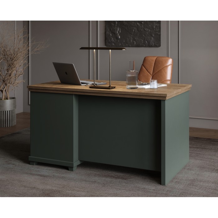 Bureau ASSIA 140 cm vert foncé et bois - 4 tiroirs avec poignées bouton - Élégance chic