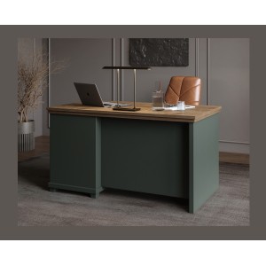 Bureau ASSIA 140 cm vert foncé et bois - 4 tiroirs avec poignées bouton - Élégance chic
