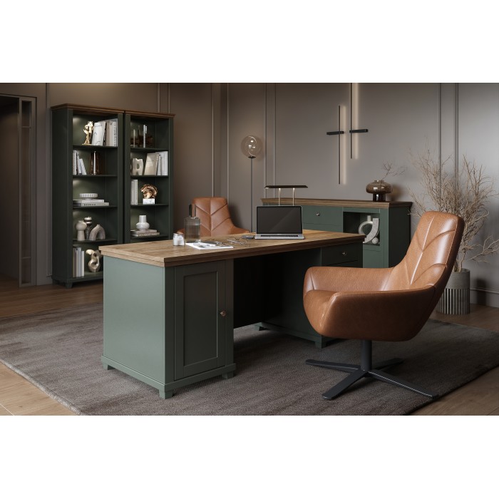 Bibliothèque ASSIA vert foncé et bois 71 cm - 5 niches ouvertes - Élégance sobre et design