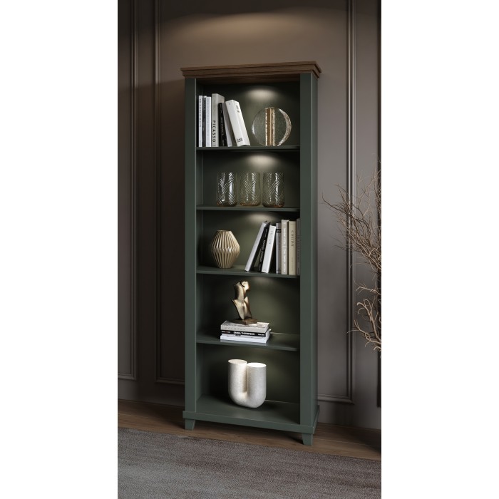 Bibliothèque ASSIA vert foncé et bois 71 cm - 5 niches ouvertes - Élégance sobre et design