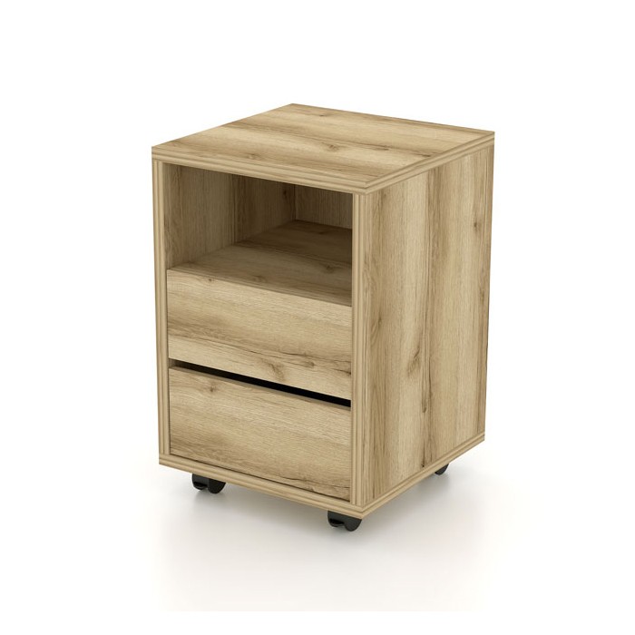 Caisson chêne à roulettes MELTO – 2 tiroirs et 1 niche – Rangement bois clair pratique