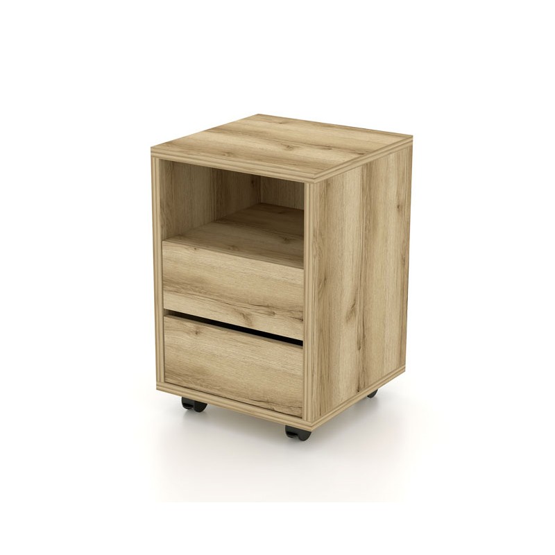 Caisson chêne à roulettes MELTO – 2 tiroirs et 1 niche – Rangement bois clair pratique