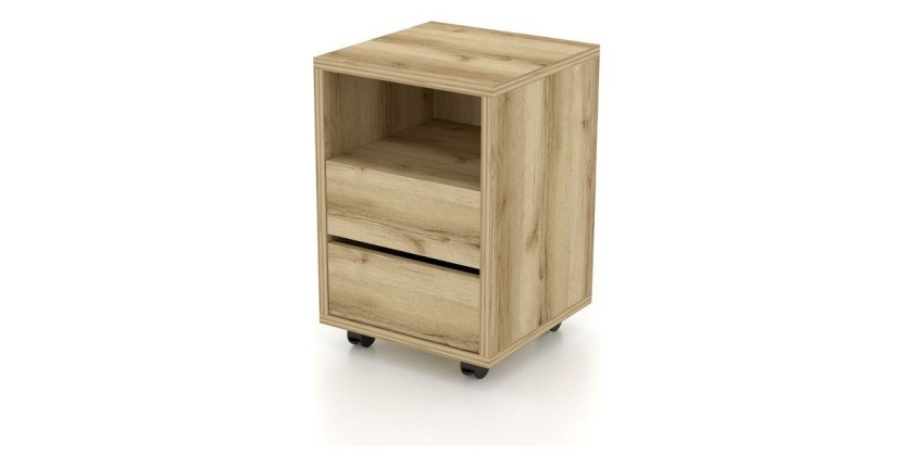 Caisson chêne à roulettes MELTO – 2 tiroirs et 1 niche – Rangement bois clair pratique