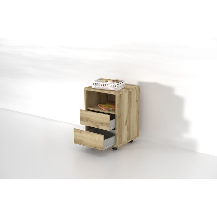 Caisson chêne à roulettes MELTO – 2 tiroirs et 1 niche – Rangement bois clair pratique