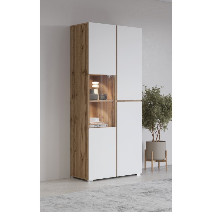 Vitrine HAVANA – Élégance épurée en chêne clair et blanc mat - Sans LED