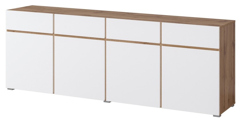 Buffet XL HAVANA – 225 cm – 4 portes et 4 tiroirs – Chêne et blanc – Design moderne sans poignées
