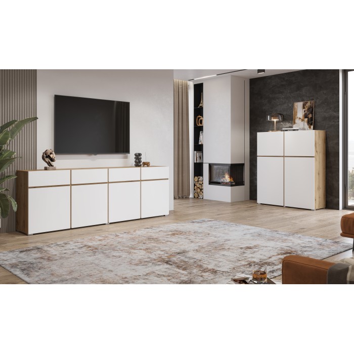 Buffet XL HAVANA – 225 cm – 4 portes et 4 tiroirs – Chêne et blanc – Design moderne sans poignées