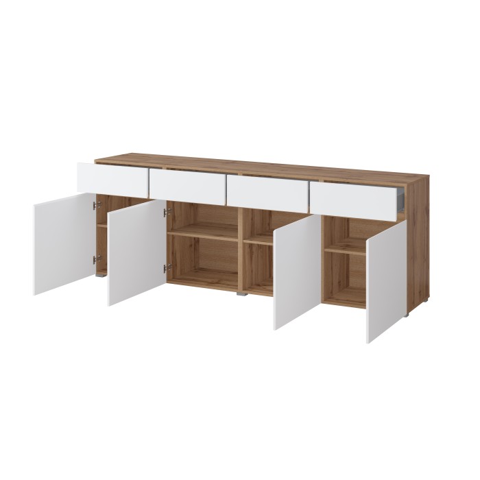 Buffet XL HAVANA – 225 cm – 4 portes et 4 tiroirs – Chêne et blanc – Design moderne sans poignées
