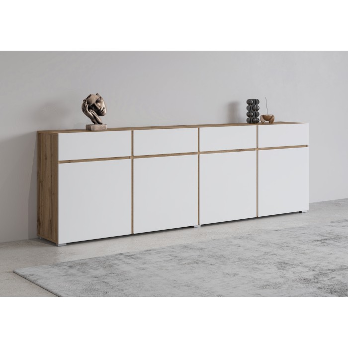 Buffet XL HAVANA – 225 cm – 4 portes et 4 tiroirs – Chêne et blanc – Design moderne sans poignées