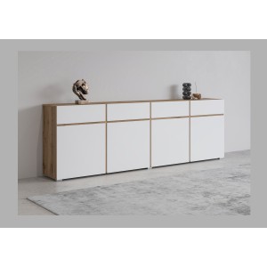 Buffet XL HAVANA – 225 cm – 4 portes et 4 tiroirs – Chêne et blanc – Design moderne sans poignées