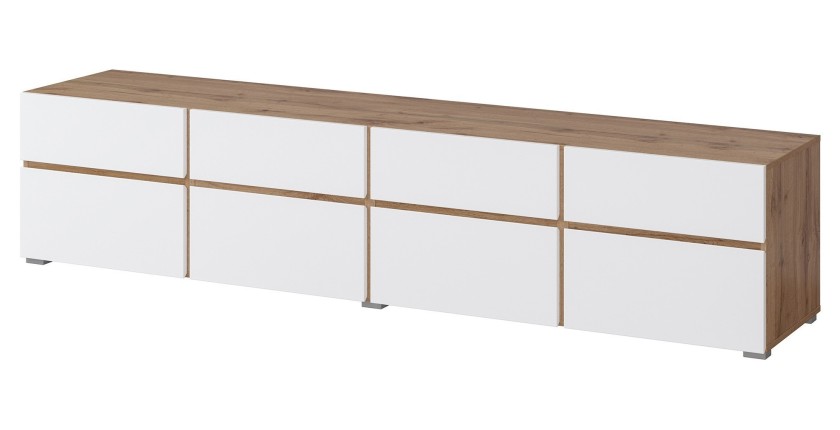 Meuble TV XL HAVANA – 225 cm – 4 portes abattantes et 4 tiroirs – Chêne et blanc – Design moderne