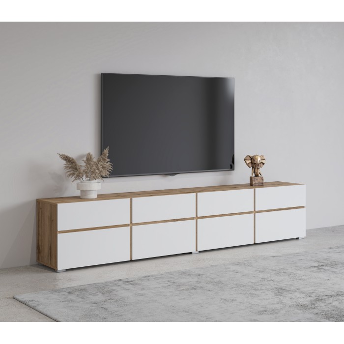Meuble TV XL HAVANA – 225 cm – 4 portes abattantes et 4 tiroirs – Chêne et blanc – Design moderne