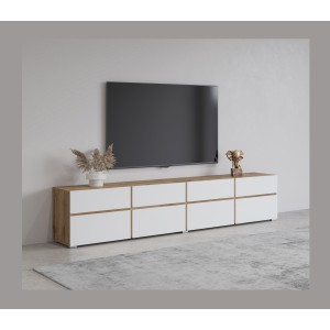 Meuble TV XL HAVANA – 225 cm – 4 portes abattantes et 4 tiroirs – Chêne et blanc – Design moderne
