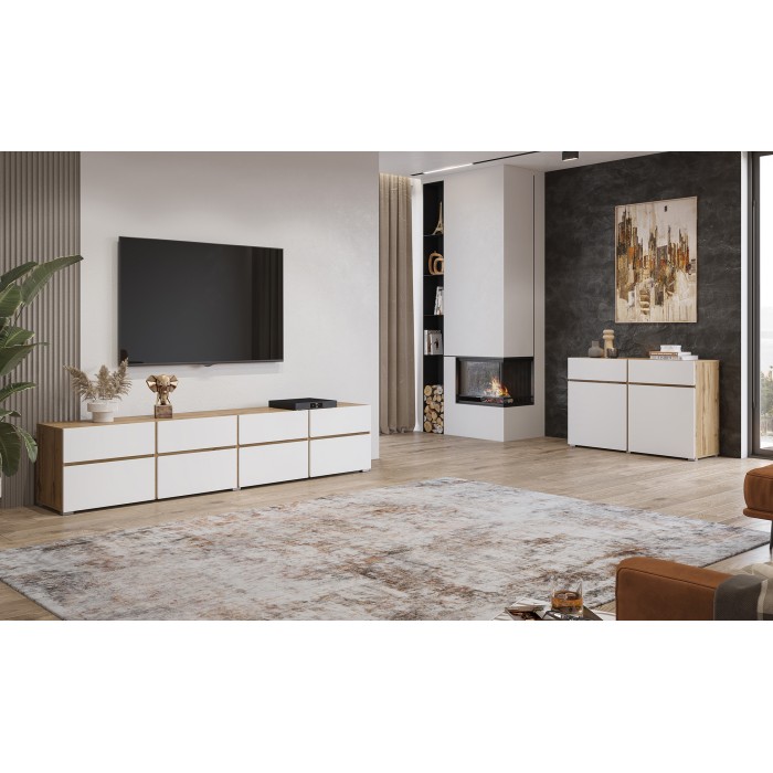 Meuble TV XL HAVANA – 225 cm – 4 portes abattantes et 4 tiroirs – Chêne et blanc – Design moderne