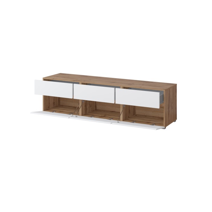 Meuble TV HAVANA – 180 cm – 3 portes abattantes et 3 tiroirs – Chêne et blanc – Design contemporain