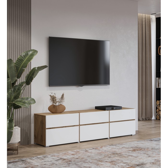 Meuble TV HAVANA – 180 cm – 3 portes abattantes et 3 tiroirs – Chêne et blanc – Design contemporain