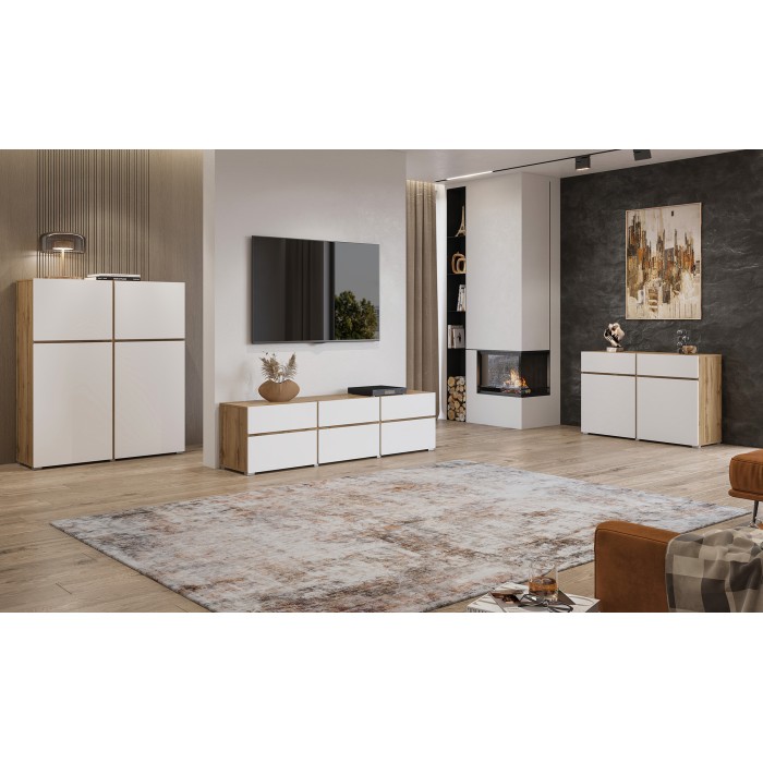 Meuble TV HAVANA – 180 cm – 3 portes abattantes et 3 tiroirs – Chêne et blanc – Design contemporain