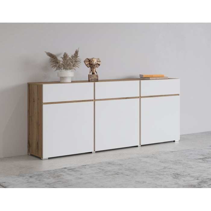 Buffet HAVANA – 180 cm – 3 portes battantes et 3 tiroirs – Chêne et blanc – Design contemporain