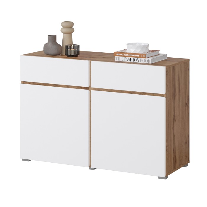 Buffet HAVANA – 120 cm – 2 portes battantes et 2 tiroirs – Chêne et blanc – Design moderne