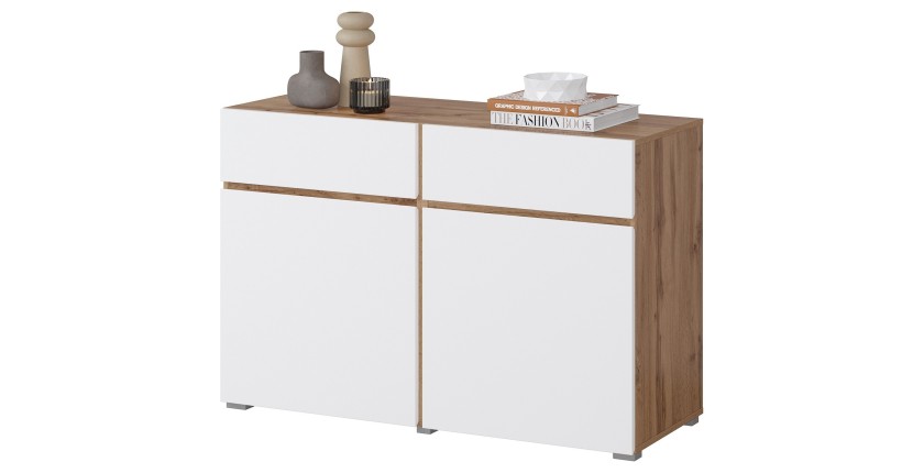 Buffet HAVANA – 120 cm – 2 portes battantes et 2 tiroirs – Chêne et blanc – Design moderne